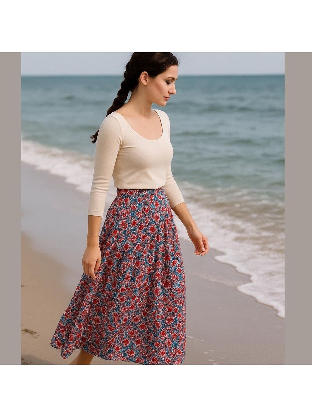 70s BRITCHES GREAT OUTDOORS RED WHITE & BLUE FLORAL YOKE TOP MIDI SKIRT SZ M